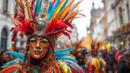 Fototapeta premium Colorful Carnival Celebration with Dazzling Costumes and Vibrant Feathers from a Cultural Festival in a Busy City Street