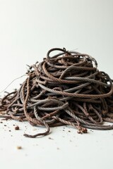 A tangled mass of weathered rope, strewn with fragments of earth, rests on a pristine surface, suggesting a sense of abandonment and the passage of time.