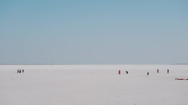 4K shot of tourists on the salt flats of the Rann of Kutch desert during the day with clear sky as seen during the sunny day at Kutch in Gujarat, India. Scenic desert afternoon background.