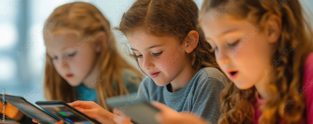 Poster project-based learning, engaged girls using tablets for interactive learning and coding activities