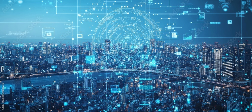 Poster cyberspace city network. generative ai technology.