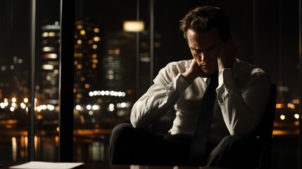 Naklejka na ściany i meble Exhausted businessman night city view