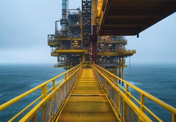 Fototapeta premium Industrial walkway leading to an offshore oil rig, showcasing modern architecture and engineering over a turbulent sea under a cloudy sky.