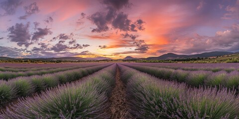Obraz premium Lavender fields at sunset, a purple sky, a lavender field panorama