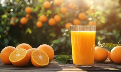 Orange juice in a glass and jug on a wooden table with oranges against a blurred background of orange trees