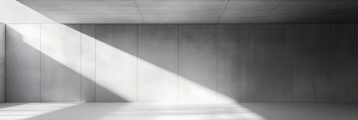 Fototapeta premium Monochromatic Concrete Interior with Light Beam: A minimalist, modern interior featuring a large open space, defined by sleek concrete walls and floors.