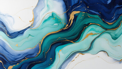 Watercolor artwork featuring flowing blues and shimmering gold accents, resulting in an abstract and luxurious design.