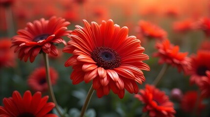 Vibrant Red Gerbera Daisies: Close-Up Floral Photography of Blooming Flowers in a Garden Setting, Nature Art Print, Bright Color Image