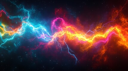 Cosmic Energy: A vivid display of vibrant energy bursts across the cosmos, forming a spectacular, abstract art piece of glowing plasma and electric streaks against the inky black canvas of space