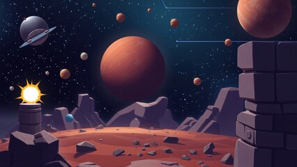 Alien Planet Landscape Cartoon Style Space Scene