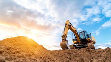 A powerful excavator on a construction site at sunset, surrounded by dirt and dramatic shadows. Perfect for construction ads, blogs, and projects.