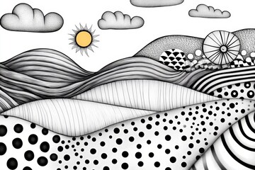 A simple black-and-white line illustration of sand dunes with a rising sun