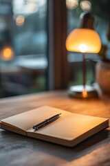 A professional setting an out-of-office email, ensuring time for personal reflection and relaxation. A notebook and pen rest on the desk, with a soft glow from a nearby lamp