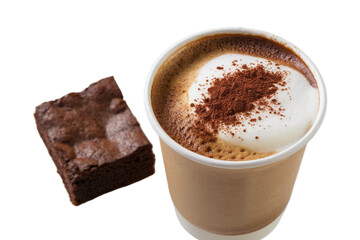 cup containing a hot cappuccino with coffee foam, served with freshly baked brownies