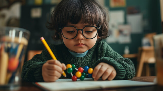 Young child with glasses in classroom holding molecular model and writing in notebook