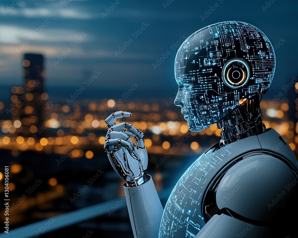 Poster futuristic robot with digital interface against urban nightscape with bokeh lights
