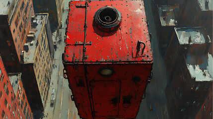Elevated Urban View with Red Industrial Box in Cityscape