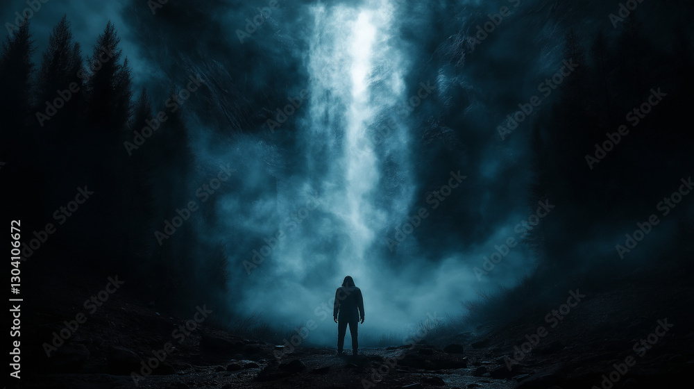 Poster abstract background with silhouette of man in light pillar in darkness . generative ai