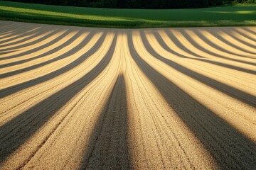 A solar energy farm at sunset, with golden light casting long shadows across the panels