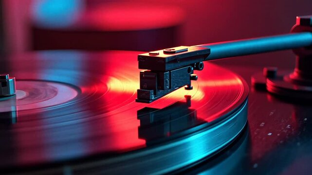 Spinning Vinyl Record on Turntable with Red and Blue Lighting