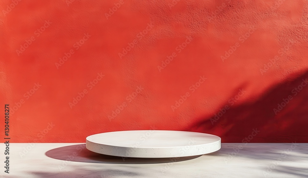 Poster minimalist display platform against a bold red wall for creative product presentation and modern int
