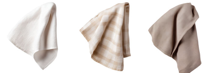  Set of beige and white cotton kitchen towels, cloths for cleaning, isolated on a transparent background.  (2)