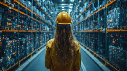 Logistics engineer overseeing warehouse automation, monitoring autonomous robotic sorting systems, optimizing real-time delivery logistics in a high-tech facility