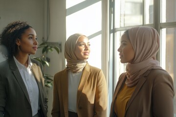 A diverse group of professionals, each wearing modest and stylish office attire, standing near a window discussing ideas. Sunlight streams in, creating a soft and inviting atmosphere
