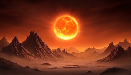 Naklejka premium Fiery Orange Sunset over Dark Mountain Range