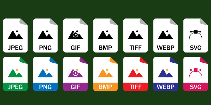 Collection of vector icons for image file formats (JPG, PNG, GIF, BMP, TIFF, WEBP, SVG). Ideal for UI/UX, web, and graphic design projects.