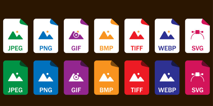 Collection of vector icons for image file formats (JPG, PNG, GIF, BMP, TIFF, WEBP, SVG). Ideal for UI/UX, web, and graphic design projects.