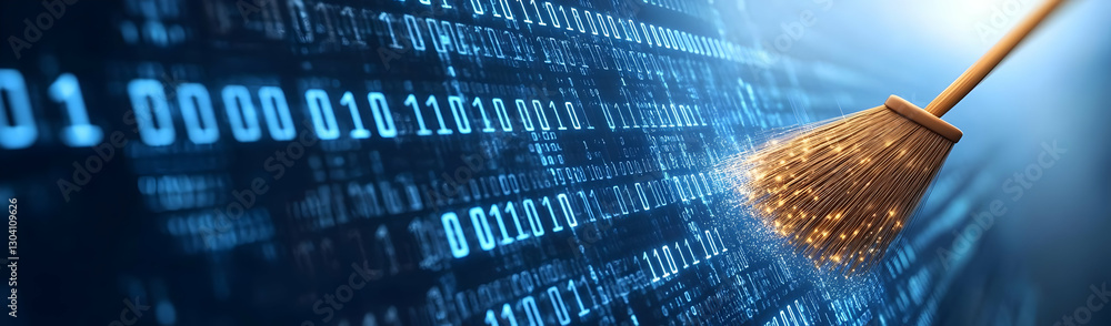 Poster digital cleanup broom sweeps binary code