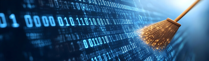 Digital cleanup broom sweeps binary code