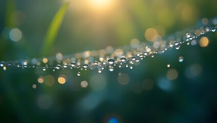 Dew Drops on Green Grass with Sunlight Reflection