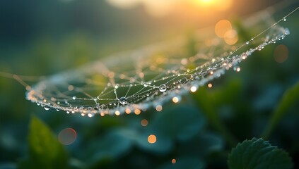 Tiny Dew Drops on Spider Web with Morning Sunlight