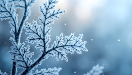 Frost Covered Leaves with Winter Ice Crystal Details