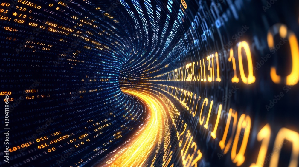 Poster glowing digital tunnel abstract data stream visualization