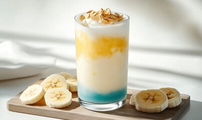 oatmeal banana smoothie, with a white background and light blue and yellow accents