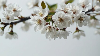 Delicate white cherry blossoms floating in the air against a blurred white background.