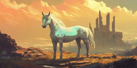 A majestic white horse stands before a crumbling distant castle