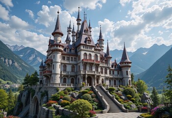 Majestic Castle. A Stone Fortress. Red Roofs On Rocky Hill. Blooming Gardens At Entrance. Sweeping Staircase With Flowers. Mountain Backdrop. Idyllic And Fantasy Setting.