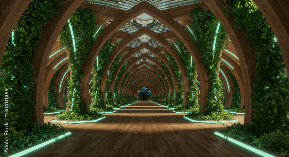 Poster abstract background of eco wooden columns tunnel . generative ai
