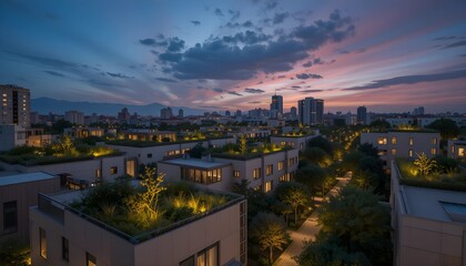 Obraz premium Modern Residential Area with Rooftop Gardens Glowing in Twilight