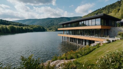 Obraz premium Imagine a two story beautiful German retreat center overlooking a beautiful lake. Where is the garden surrounding it grey natural stone, materials, and wood with large windows to see the grand view an