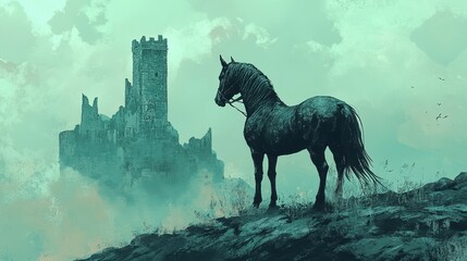 A lone dark horse stands before a distant medieval castle