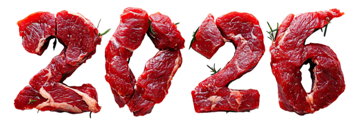 2026 made of raw meat texture, isolated on transparent cutout background
