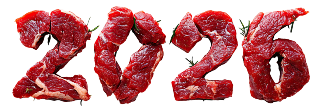 2026 made of raw meat texture, isolated on transparent cutout background