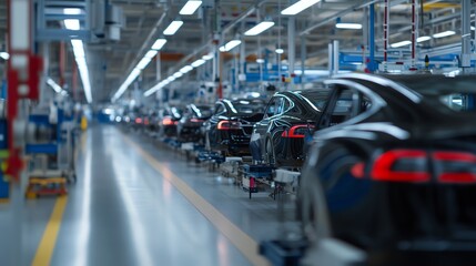 A modern automotive assembly line showcasing advanced robotics and vehicle production. Perfect for industrial, tech, and manufacturing-related projects