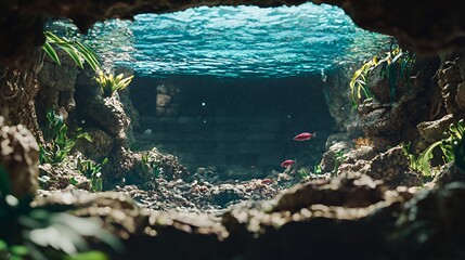 Underwater Cave Scene With Colorful Fish And Coral Reef