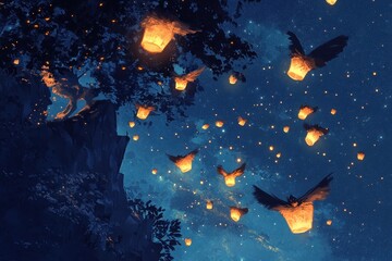Floating lanterns and bird like creatures illuminate the night sky above